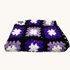 Handmade Granny Square Crochet Afghan Blanket Purple Black White 36"x54" Cozy